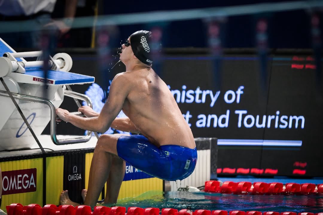 Klint Hoxha on the starting blocks at the European Short Course Swimming Championships, Lublin